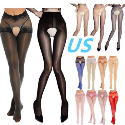 Women's Oil Silk Sheer Pantyhose Stretchy Crotchless Tights Stockings Hosiery